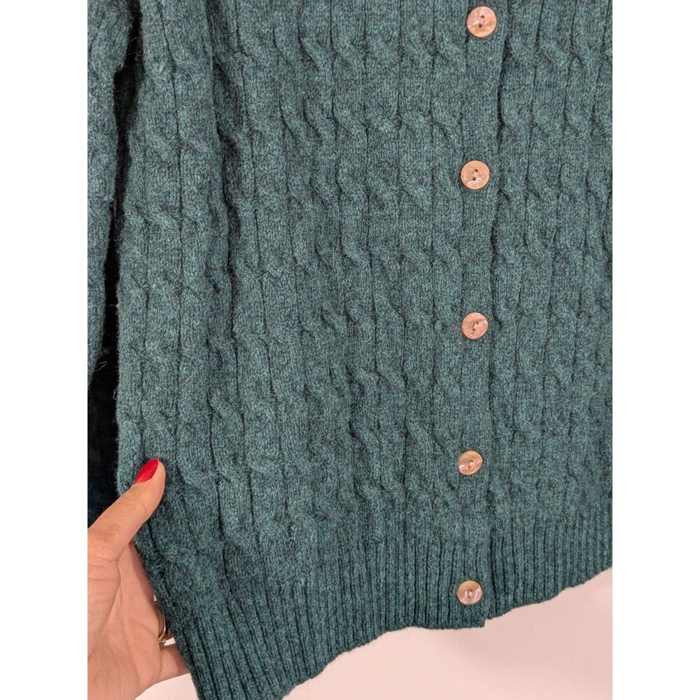 Vintage Green Cardigan Sweater Womens Large 100% Wool Cable Knit Fisherman - Picture 6 of 10